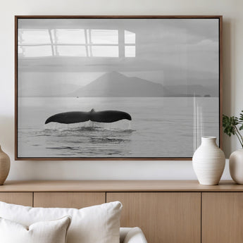 30524220-MGV-FP-36X24-3P_Walnut-Whale Tail Wall Art Canvas Print, Framed Black White Ocean Art Picture Print, Calm Marine Perfect Minimalist Coastal Decor Artwork