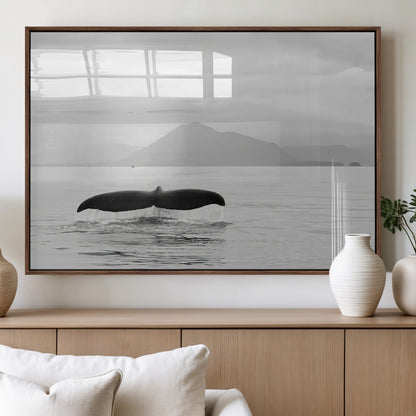 30524220-MGV-FP-36X24-3P_Walnut-Whale Tail Wall Art Canvas Print, Framed Black White Ocean Art Picture Print, Calm Marine Perfect Minimalist Coastal Decor Artwork