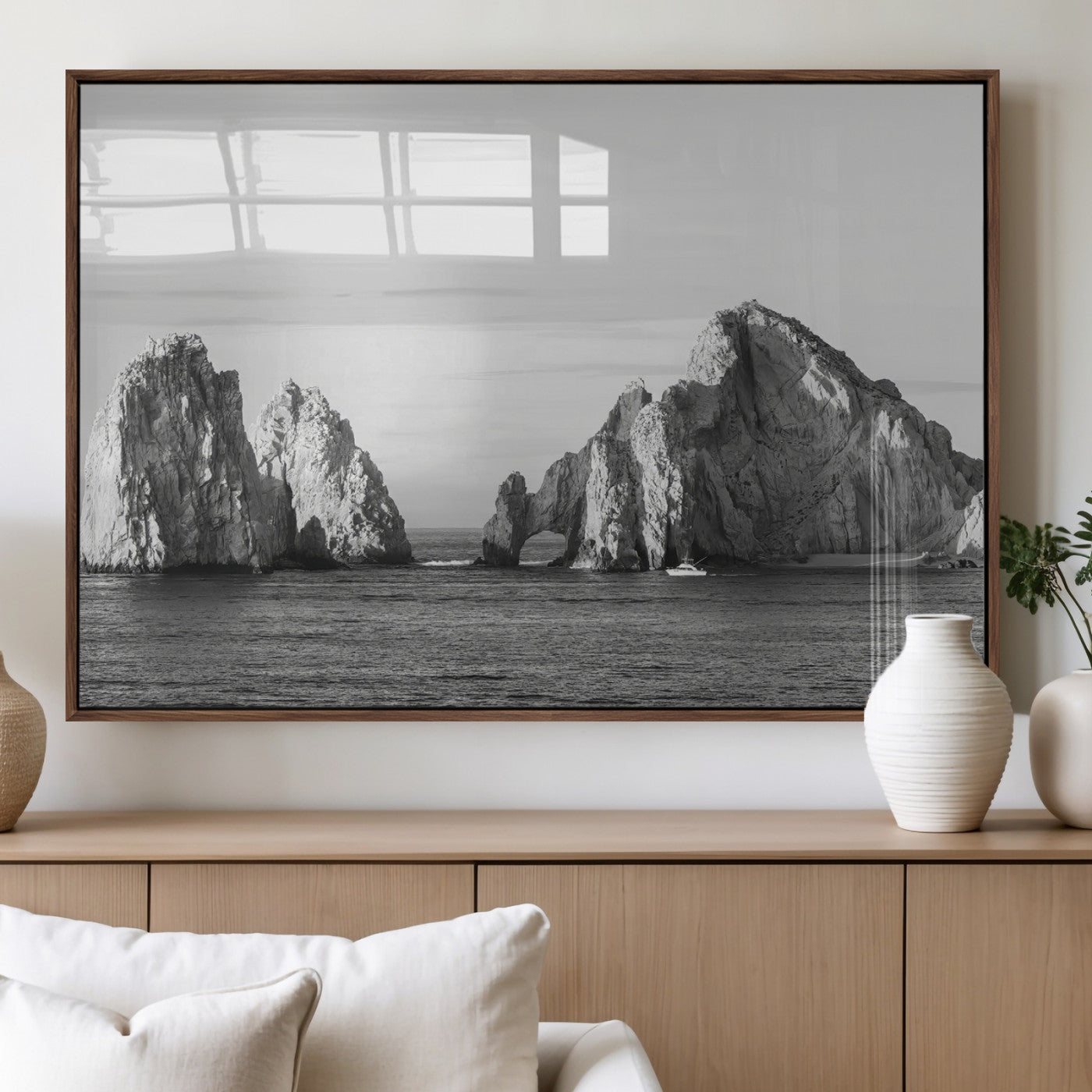 18810731-MGV-FP-36X24-3P_Walnut-Rugged Coastline Wall Art Canvas Print, Framed Ocean Cliffs Art Picture Print, Monochrome Seascape Perfect Coastal Minimalist