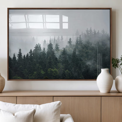 84146572-MGV-FP-36X24-3P_Walnut-Foggy Pine Trees Wall Art Canvas Print, Framed Forest Nature Art Picture Print, Evergreen Forest Perfect Scandinavian Minimalist