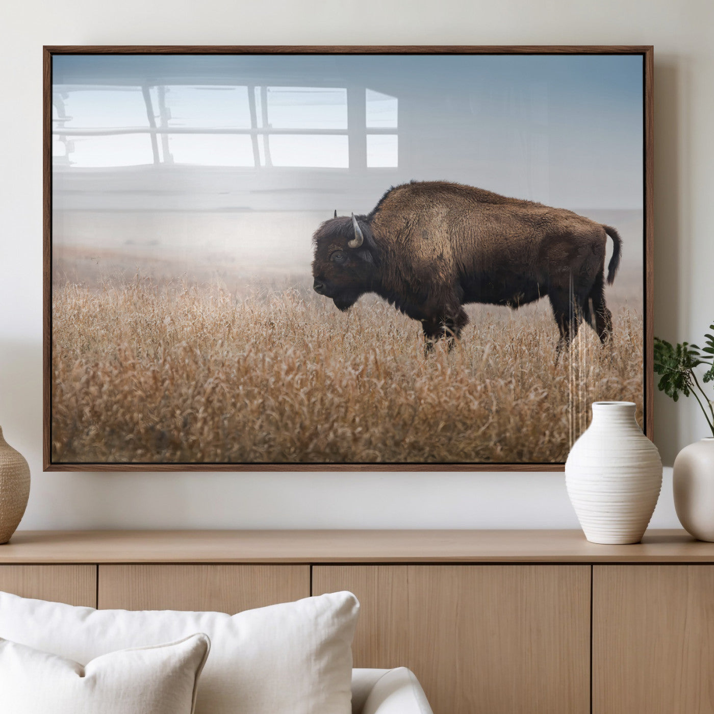 99620201-MGV-FP-36X24-3P_Walnut-Wild Bison Wall Art Canvas Print, Framed Bison in Prairie Art Picture Print, Rustic Western Perfect Rustic Western Decor Artwork
