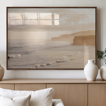 57669769-MGV-FP-60X30-3P_Walnut-Misty Coastal Wall Art Canvas Print, Framed Golden Sunset Art Picture Print, Serene Shoreline Perfect Tranquil Coastal Decor