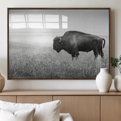 28435251-MGV-FP-60X30-3P_Walnut-Bison In Prairie Wall Art Canvas Print, Framed Rustic Wildlife Art Picture Print, Wild Buffalo Perfect Rustic Western Decor
