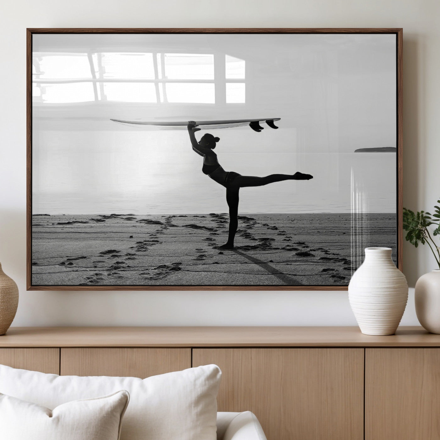 28441356-MGV-FP-60X30-3P_Walnut-Yoga Surf Wall Art Canvas Print, Framed Black White Shore Art Picture Print, Peaceful Ocean Perfect Minimalist Coastal Decor
