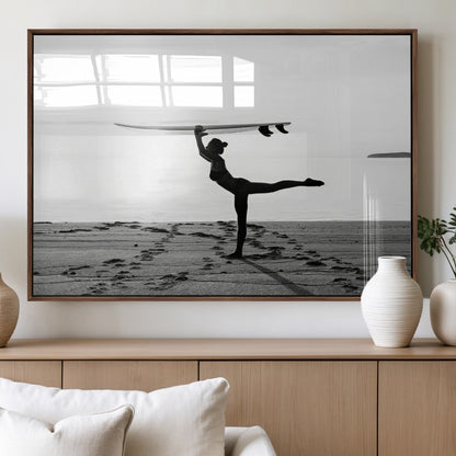28441356-MGV-FP-60X30-3P_Walnut-Yoga Surf Wall Art Canvas Print, Framed Black White Shore Art Picture Print, Peaceful Ocean Perfect Minimalist Coastal Decor