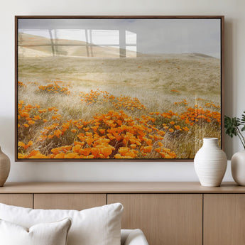 28972262-MGV-FP-60X30-3P_Walnut-Golden Wildflowers Wall Art Canvas Print, Framed Hills Bloom Art Picture Print, Poppy Meadow Perfect Rustic Nature Decor Artwork