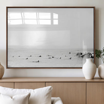 38441169-MGV-FP-60X30-3P_Walnut-Monochrome Swimming Wall Art Canvas Print, Framed Ocean Horizon Art Picture Print, Moody Coastal Perfect Minimalist Coastal Decor
