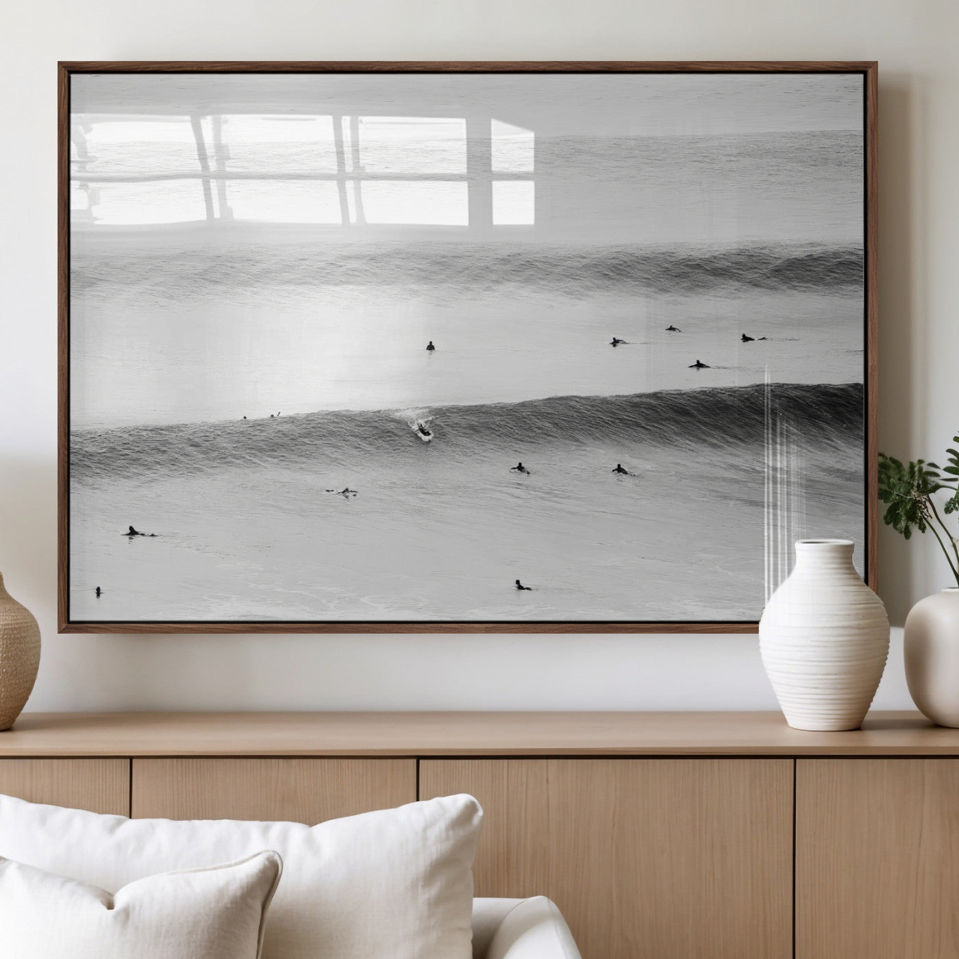 54291445-MGV-FP-60X30-3P_Walnut-Black White Ocean Wall Art Canvas Print, Framed Coastal Sport Art Picture Print, Ocean Culture Perfect Minimalist Coastal Decor