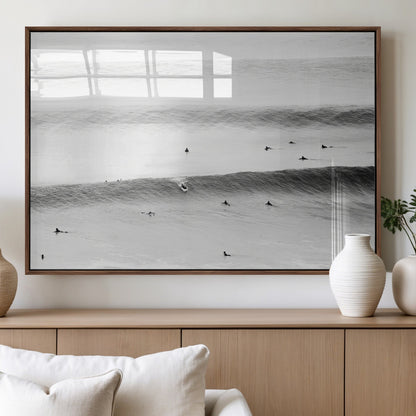54291445-MGV-FP-36X24-3P_Walnut-Black White Ocean Wall Art Canvas Print, Framed Coastal Sport Art Picture Print, Ocean Culture Perfect Minimalist Coastal Decor