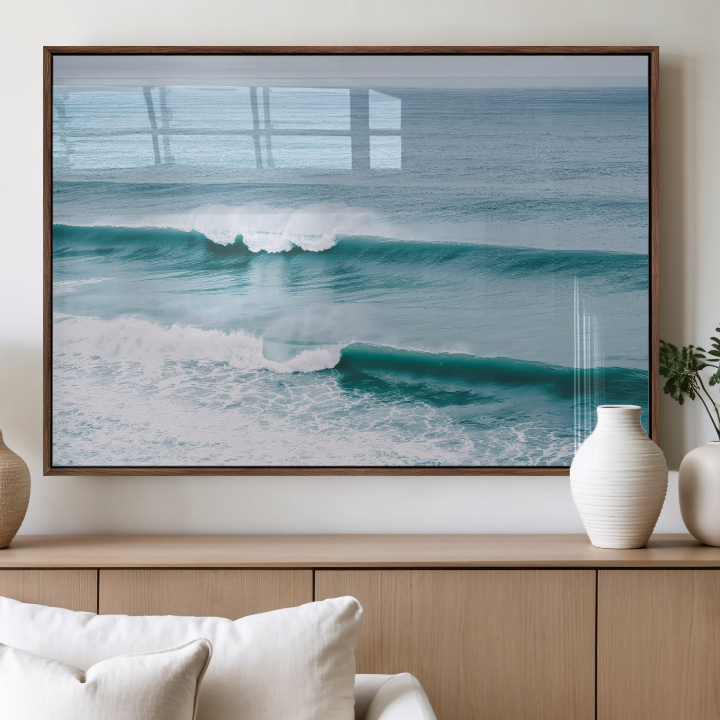 73692470-MGV-FP-36X24-3P_Walnut-Ocean Swell Wall Art Canvas Print, Framed Surf Waves Art Picture Print, Blue Water Perfect Coastal Dynamic Decor Artwork