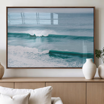 73692470-MGV-FP-36X24-3P_Walnut-Ocean Swell Wall Art Canvas Print, Framed Surf Waves Art Picture Print, Blue Water Perfect Coastal Dynamic Decor Artwork