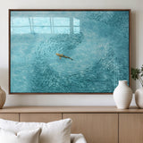 43671474-MGV-FP-36X24-3P_Walnut-Fish Swarm Wall Art Canvas Print, Framed Marine Life Art Picture Print, Shark Aerial Perfect Wildlife Coastal Decor Artwork