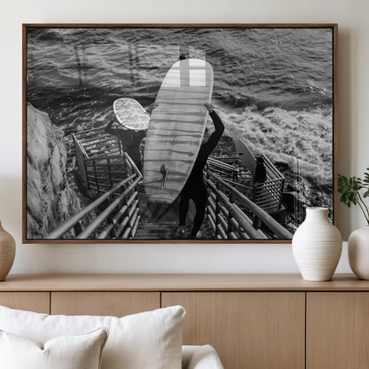 32353707-MGV-FP-36X24-3P_Walnut-Black White Surfing Wall Art Canvas Print, Framed Coastal Surfing Art Picture Print, Wave Riders Perfect Coastal Adventure Decor