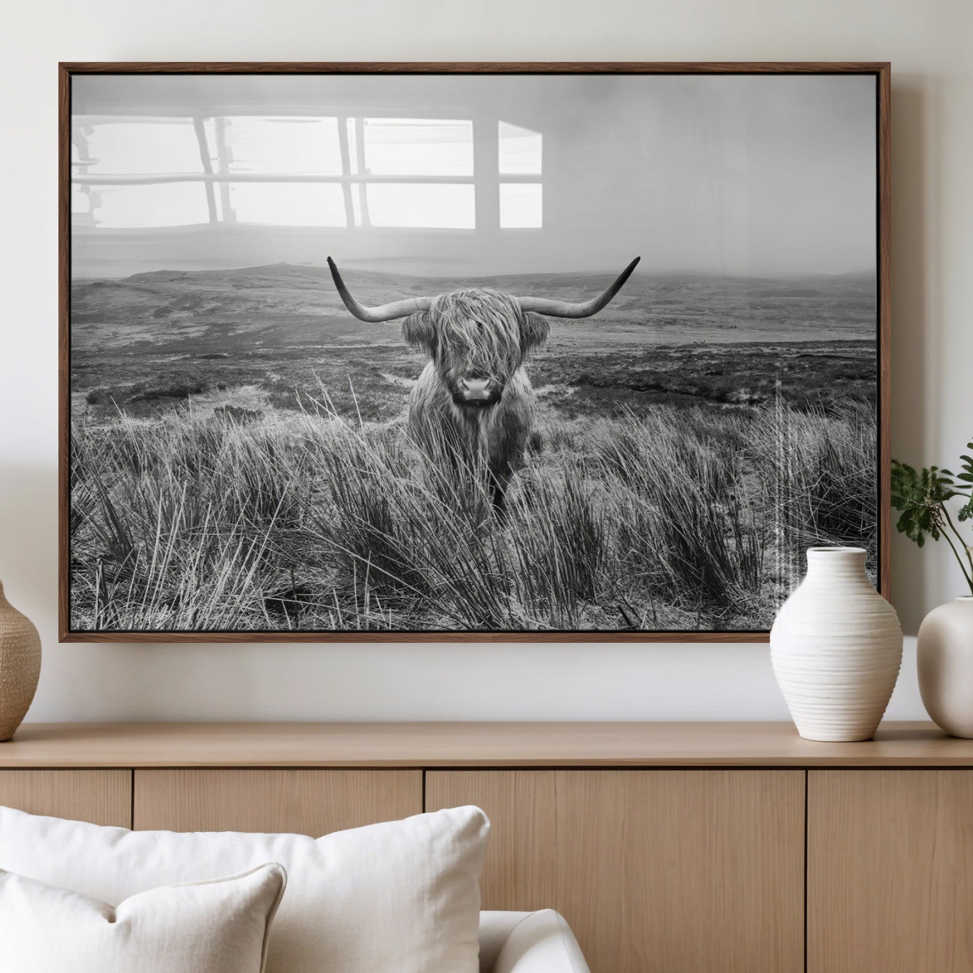 24051061-MGV-FP-36X24-3P_Walnut-Monochrome Highland Cow Wall Art Canvas Print, Framed Scottish Bull Art Picture Print, Lone Cattle Perfect Rustic Farmhouse Decor