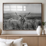 24051061-MGV-FP-36X24-3P_Walnut-Monochrome Highland Cow Wall Art Canvas Print, Framed Scottish Bull Art Picture Print, Lone Cattle Perfect Rustic Farmhouse Decor
