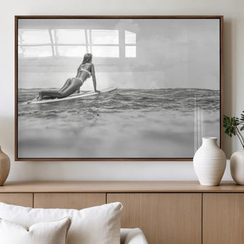69798068-MGV-FP-60X30-3P_Walnut-Black White Surfing Wall Art Canvas Print, Framed Ocean Horizon Art Picture Print, Surfer Girl Perfect Coastal Adventure Decor