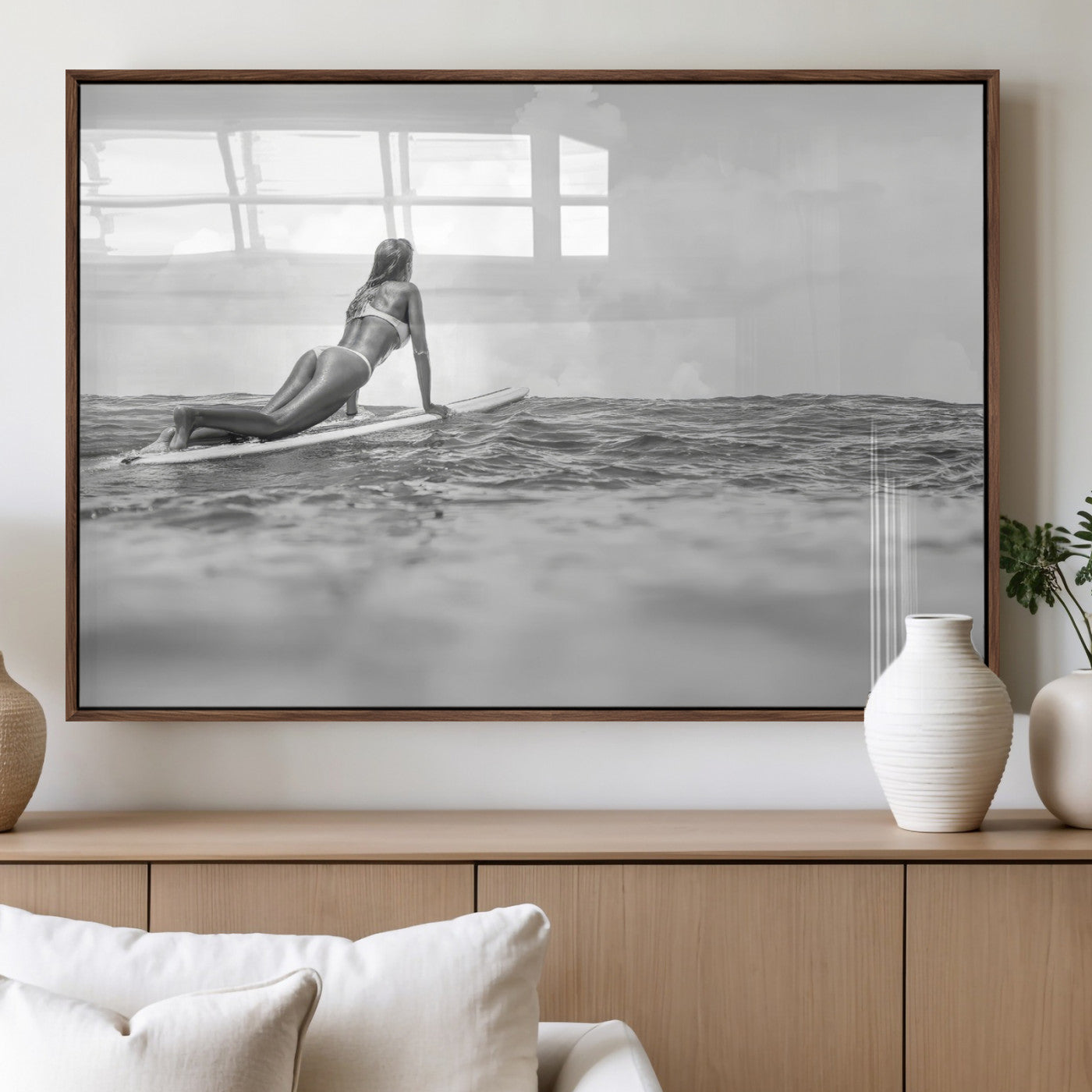69798068-MGV-FP-36X24-3P_Walnut-Black White Surfing Wall Art Canvas Print, Framed Ocean Horizon Art Picture Print, Surfer Girl Perfect Coastal Adventure Decor