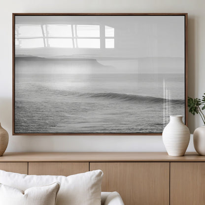 60635783-MGV-FP-36X24-3P_Walnut-Black White Seascape Wall Art Canvas Print, Framed Ocean Waves Art Picture Print, Misty Coastal Perfect Minimalist Coastal Decor
