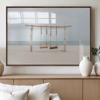 68327283-MGV-FP-36X24-3P_Walnut-Beach Swing Wall Art Canvas Print, Framed Quiet Beach Art Picture Print, Calm Shoreline Perfect Bohemian Coastal Decor Artwork