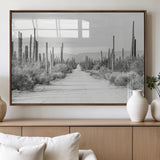35537313-MGV-FP-60X30-3P_Walnut-Monochrome Desert Wall Art Canvas Print, Framed Cactus Path Art Picture Print, Southwestern Landscape Perfect Southwestern