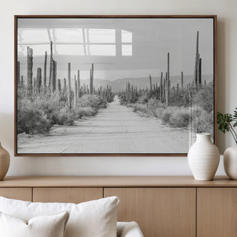 35537313-MGV-FP-60X30-3P_Walnut-Monochrome Desert Wall Art Canvas Print, Framed Cactus Path Art Picture Print, Southwestern Landscape Perfect Southwestern