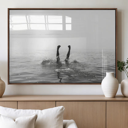 26667396-MGV-FP-60X30-3P_Walnut-Black White Ocean Wall Art Canvas Print, Framed Monochrome Water Art Picture Print, Diving into Water Perfect Minimalist Aquatic