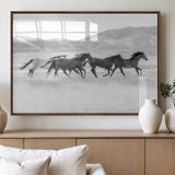 69934913-MGV-FP-36X24-3P_Walnut-Wild Horses Running Wall Art Canvas Print, Framed Black White Mustangs Art Picture Print, Rustic Western Perfect Rustic Western