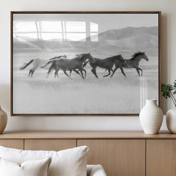 69934913-MGV-FP-36X24-3P_Walnut-Wild Horses Running Wall Art Canvas Print, Framed Black White Mustangs Art Picture Print, Rustic Western Perfect Rustic Western