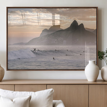 70644906-MGV-FP-36X24-3P_Walnut-Sunset Surfing Wall Art Canvas Print, Framed Misty Mountains Art Picture Print, Surfer Riding Wave Perfect Coastal Adventure Decor