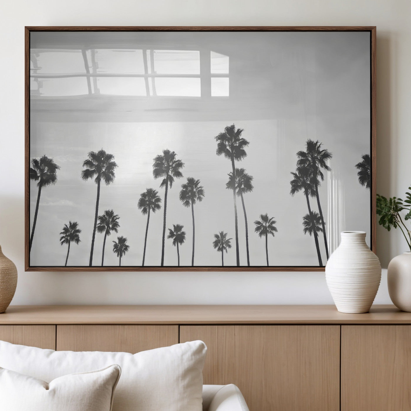 62298277-MGV-FP-60X30-3P_Walnut-Monochrome Palms Wall Art Canvas Print, Framed Minimalist Trees Art Picture Print, Silhouetted Palms Perfect Tropical Minimalist