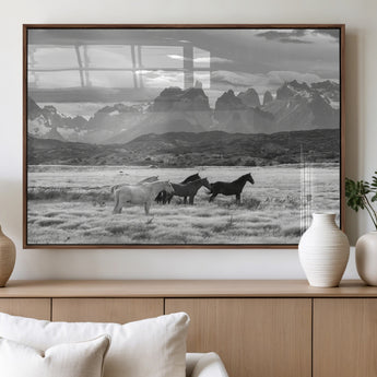 21655040-MGV-FP-36X24-3P_Walnut-Wild Horses Wall Art Canvas Print, Framed Black White Mountains Art Picture Print, Rustic Countryside Perfect Rustic Western Decor