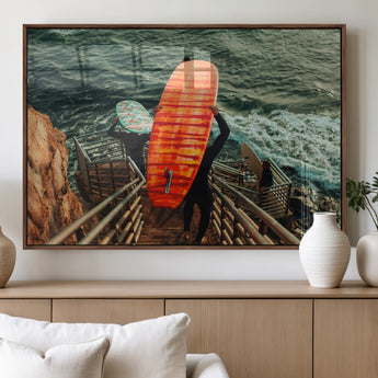 84555848-MGV-FP-60X30-3P_Walnut-Surfer Stairway Wall Art Canvas Print, Framed Ocean Surf Art Picture Print, Sunset Coastal Perfect Coastal Adventure Decor Artwork