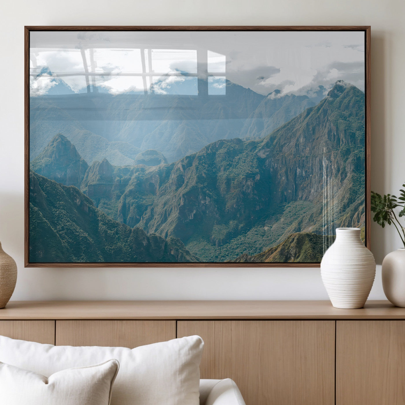 79393816-MGV-FP-36X24-3P_Walnut-Misty Mountain Wall Art Canvas Print, Framed Cloudy Andean Art Picture Print, Rugged Mountain Perfect Rustic Nature Decor Artwork