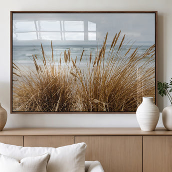 14270839-MGV-FP-60X30-3P_Walnut-Beach Grass Wall Art Canvas Print, Framed Coastal Dunes Art Picture Print, Dune Grass Perfect Coastal Minimalist Decor Artwork