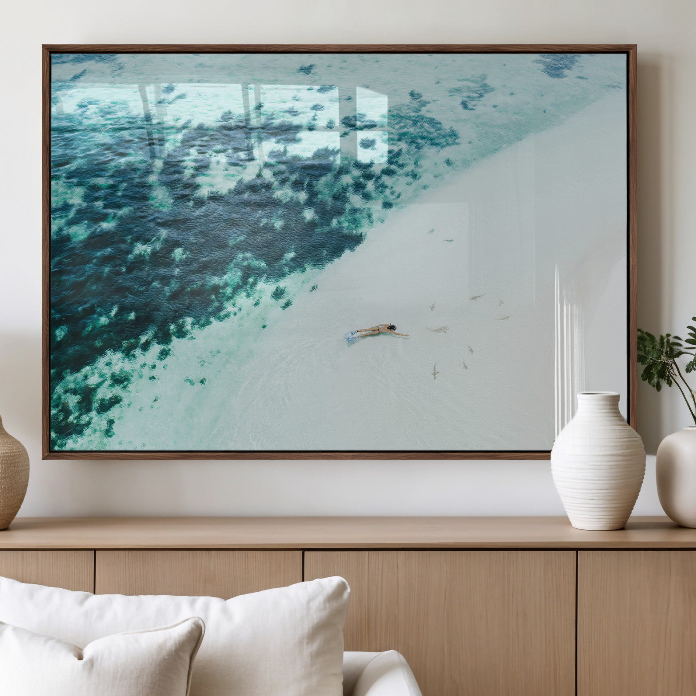 33764764-MGV-FP-60X30-3P_Walnut-Minimal Beach Wall Art Canvas Print, Framed Ocean Swimming Art Picture Print, Clear Ocean Perfect Minimal Coastal Decor Artwork
