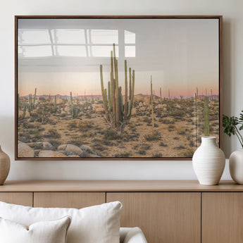 76234974-MGV-FP-60X30-3P_Walnut-Desert Cactus Wall Art Canvas Print, Framed Baja Desert Art Picture Print, Pastel Desert Perfect Southwestern Boho Decor Artwork