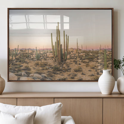 76234974-MGV-FP-60X30-3P_Walnut-Desert Cactus Wall Art Canvas Print, Framed Baja Desert Art Picture Print, Pastel Desert Perfect Southwestern Boho Decor Artwork
