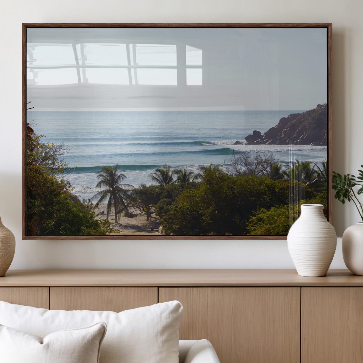 88336640-MGV-FP-60X30-3P_Walnut-Tropical Beach Scene Wall Art Canvas Print, Framed Coastal Photography Art Picture Print, Ocean Horizon Art Perfect Coastal Boho