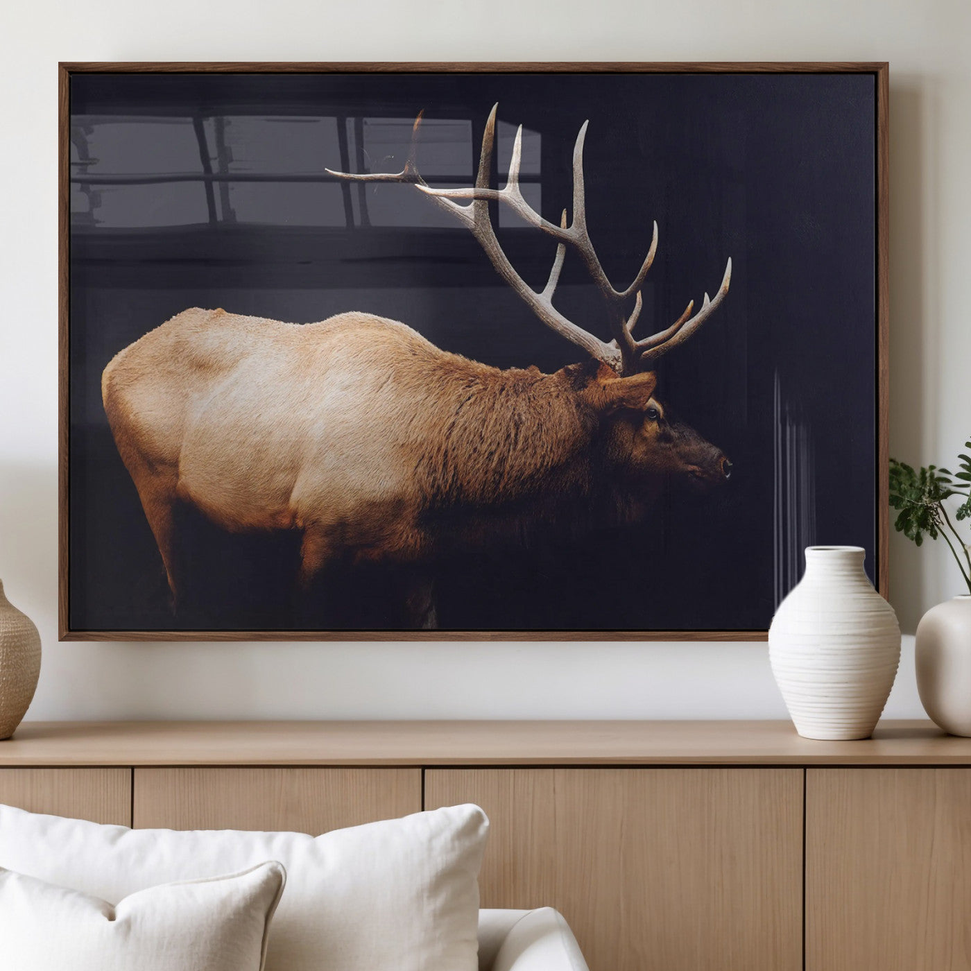 91871131-MGV-FP-36X24-3P_Walnut-Rustic Elk Art Wall Art Canvas Print, Framed Moody Wildlife Decor Art Picture Print, Western Animal Print Perfect Western Lodge