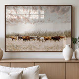 64892775-MGV-FP-36X24-3P_Walnut-Longhorn Cattle Wall Art Canvas Print, Framed Texas Ranch Art Picture Print, Western Cow Perfect Western Decor Artwork