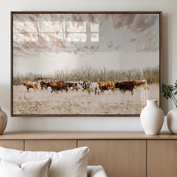 64892775-MGV-FP-36X24-3P_Walnut-Longhorn Cattle Wall Art Canvas Print, Framed Texas Ranch Art Picture Print, Western Cow Perfect Western Decor Artwork