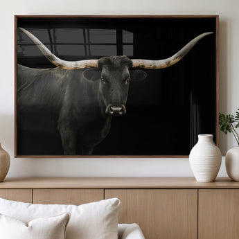 99448328-MGV-FP-36X24-3P_Walnut-Longhorn Cattle Wall Art Canvas Print, Framed Texas Ranch Art Picture Print, Western Cow Perfect Farmhouse Decor Artwork