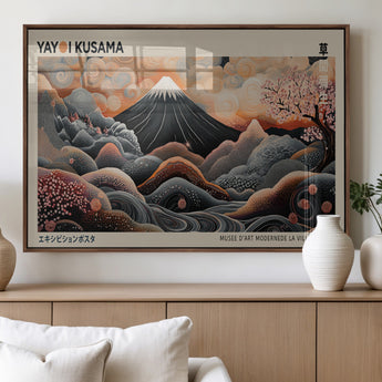 55739266-MGV-FP-36X24-3P_Walnut-Japanese Wall Art Print – Abstract Yayoi Kusama Inspired Dotted Landscape Poster, Surreal Oriental Mountain and Cherry Blossom