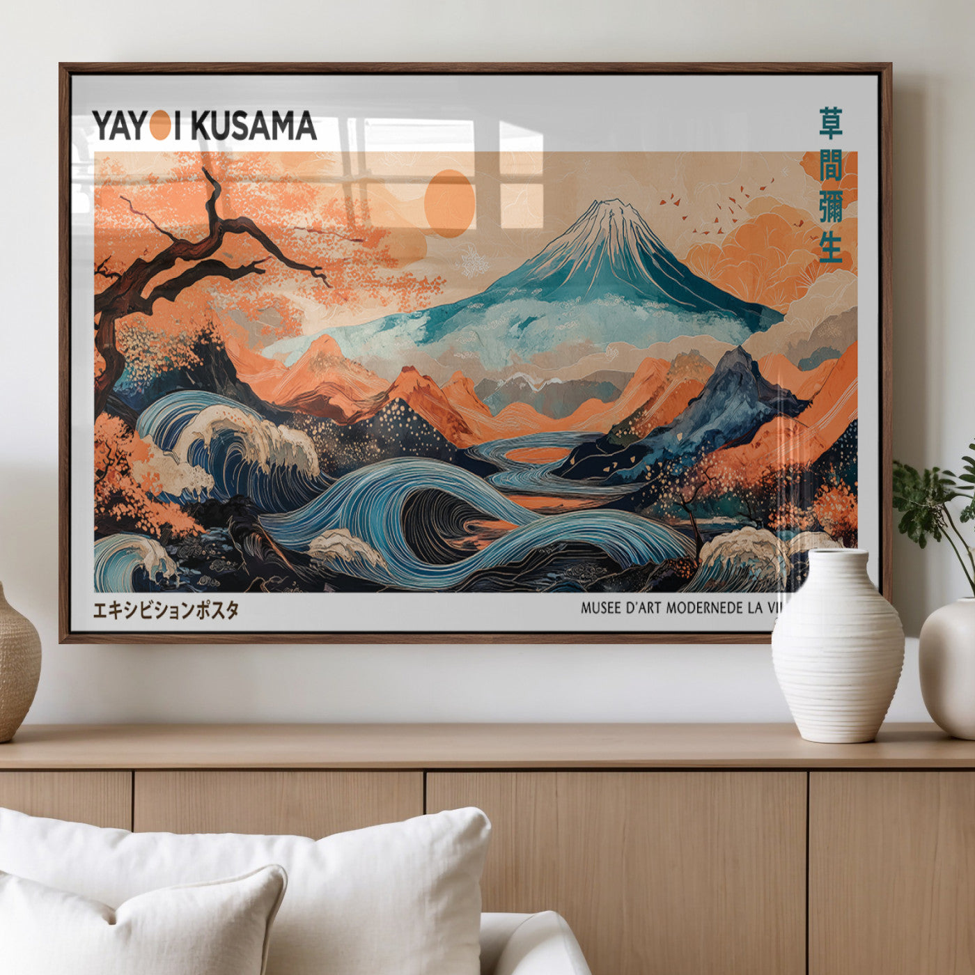 88785870-MGV-FP-36X24-3P_Walnut-Japanese Great Wave & Mt Fuji Wall Art – Ukiyo e Style Landscape Print with Flowing River, Autumn Mountain Poster, Oriental Asian