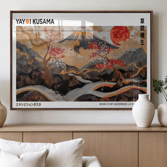 40959107-MGV-FP-36X24-3P_Walnut-Japanese Fuji Wall Art Print – Red Sun & Cherry Blossom Poster, Gold Wave Ukiyo-e Inspired Modern Japan Landscape Painting,