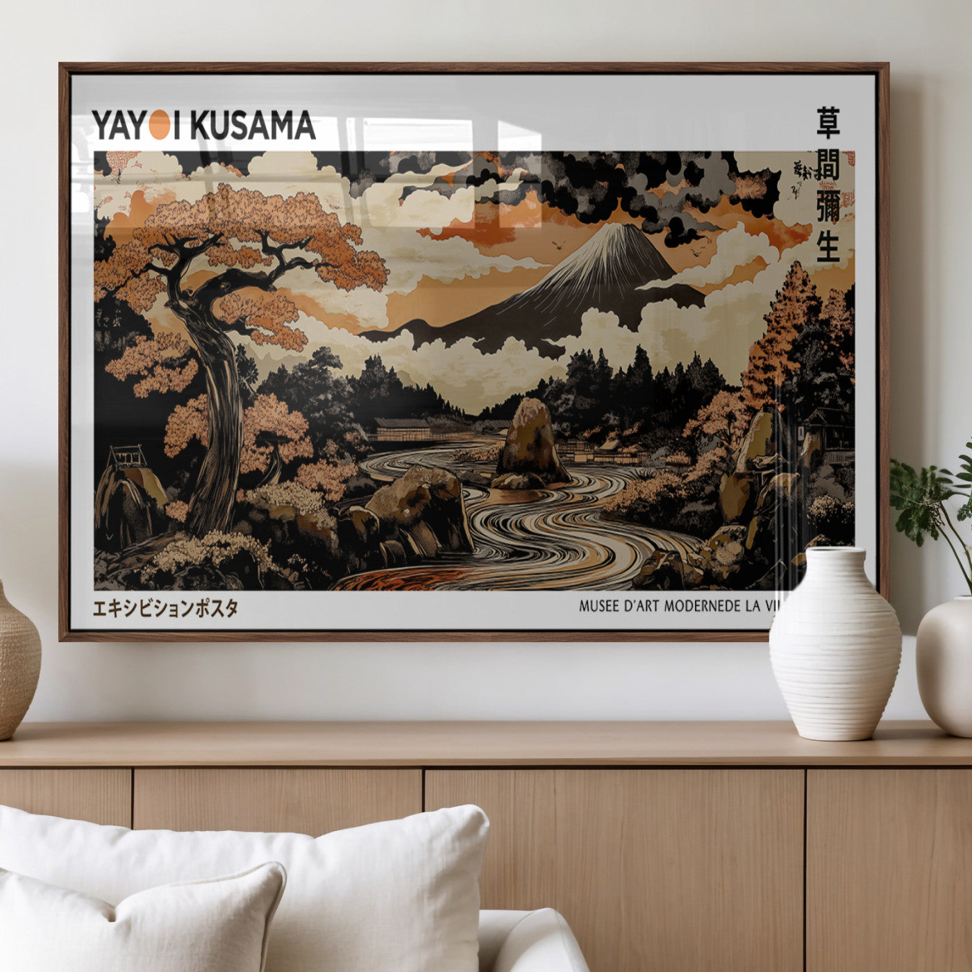 96372548-MGV-FP-36X24-3P_Walnut-Japanese Landscape Wall Art Print – Mt. Fuji Poster with Bonsai Tree & River, Ukiyo-e Inspired Modern Japanese Artwork, Autumn