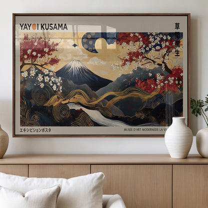 54967195-MGV-FP-36X24-3P_Walnut-Mount Fuji Wall Art – Japanese Cherry Blossom Abstract Canvas Print, Navy Gold Landscape Painting, Oriental Luxury Home Decor