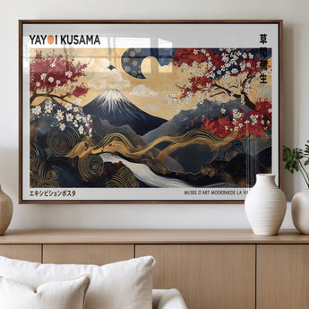 66243961-MGV-FP-36X24-3P_Walnut-Mount Fuji Japanese Wall Art – Golden Abstract Landscape Canvas Print, Cherry Blossom Painting, Modern Oriental Zen Home Decor