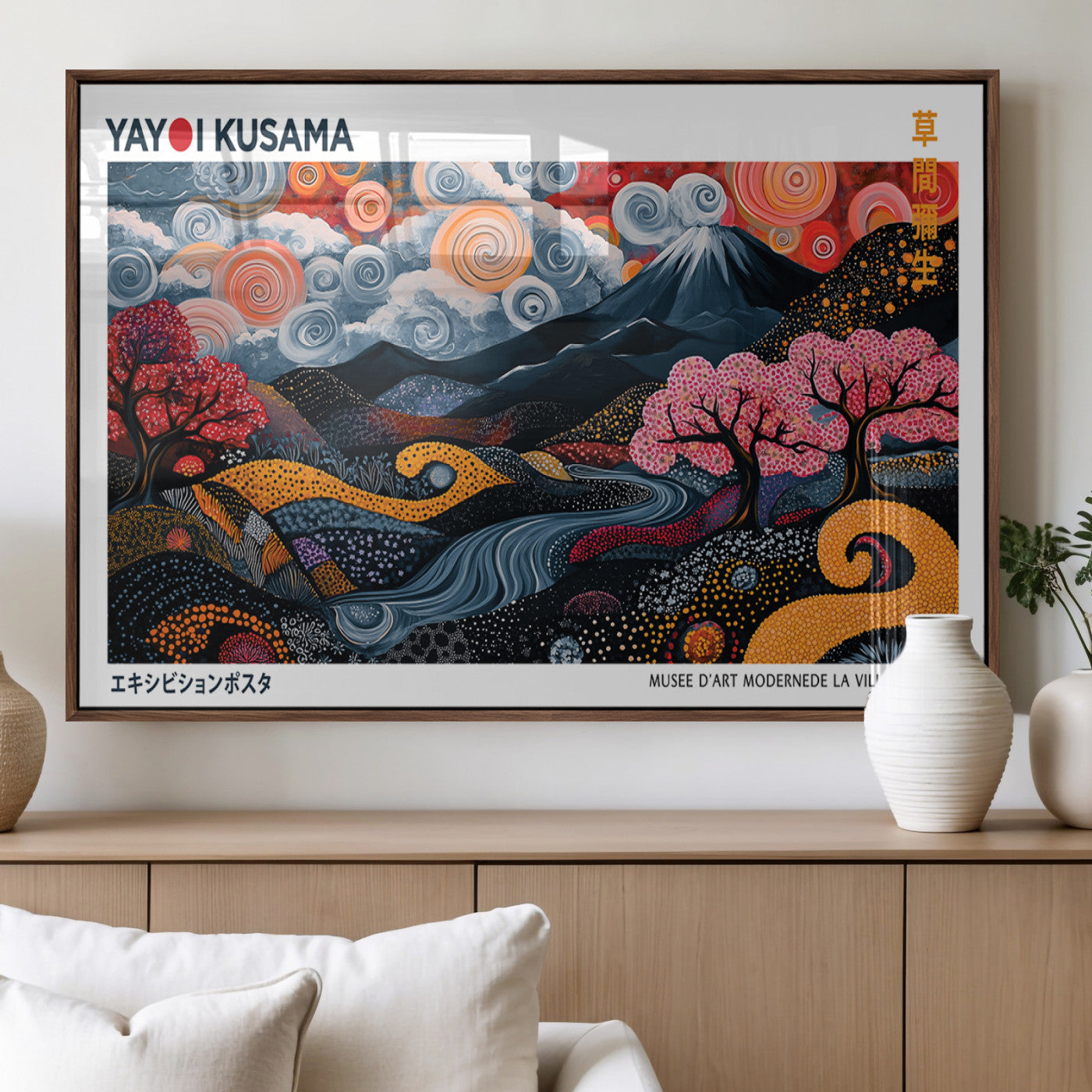 43879290-MGV-FP-36X24-3P_Walnut-Japanese Abstract Wall Art – Mount Fuji Cherry Blossom Canvas Print, Modern Asian Inspired Landscape Decor for Living Room,