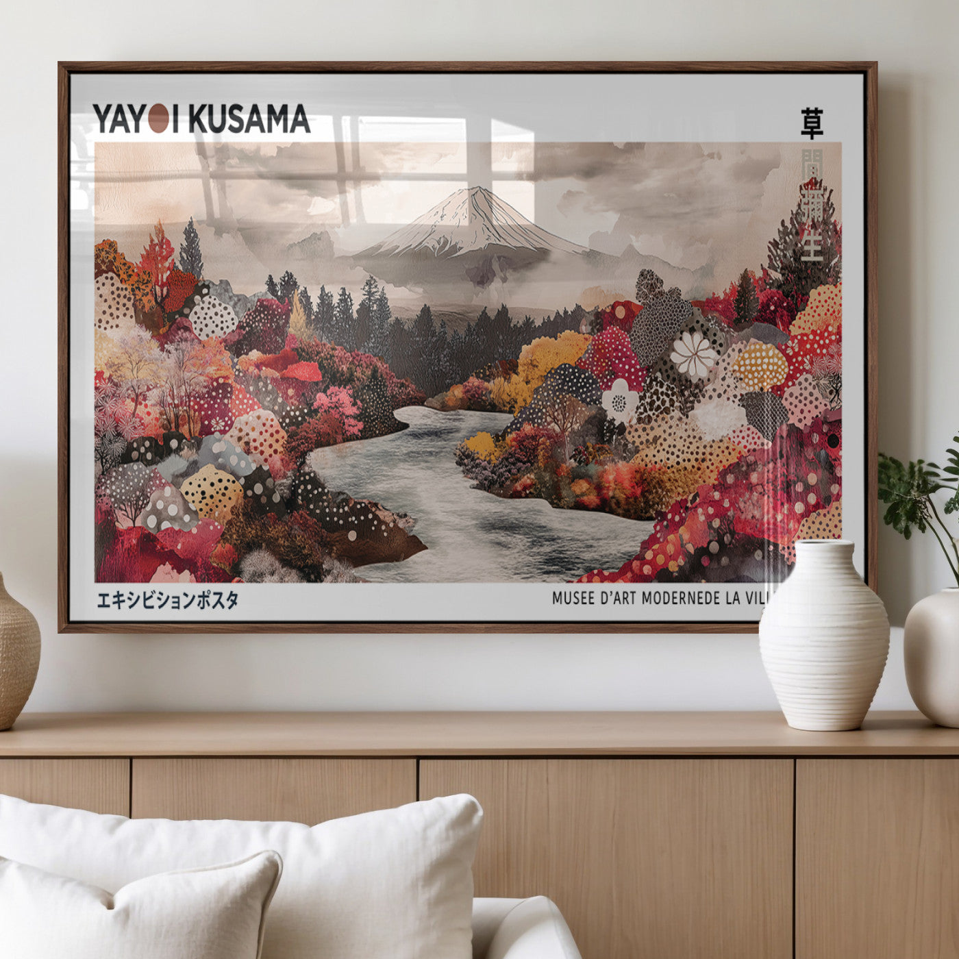 32352074-MGV-FP-36X24-3P_Walnut-Japanese Landscape Wall Art – Mount Fuji River Canvas Print, Modern Asian Inspired Nature Decor for Living Room, Bedroom, Office
